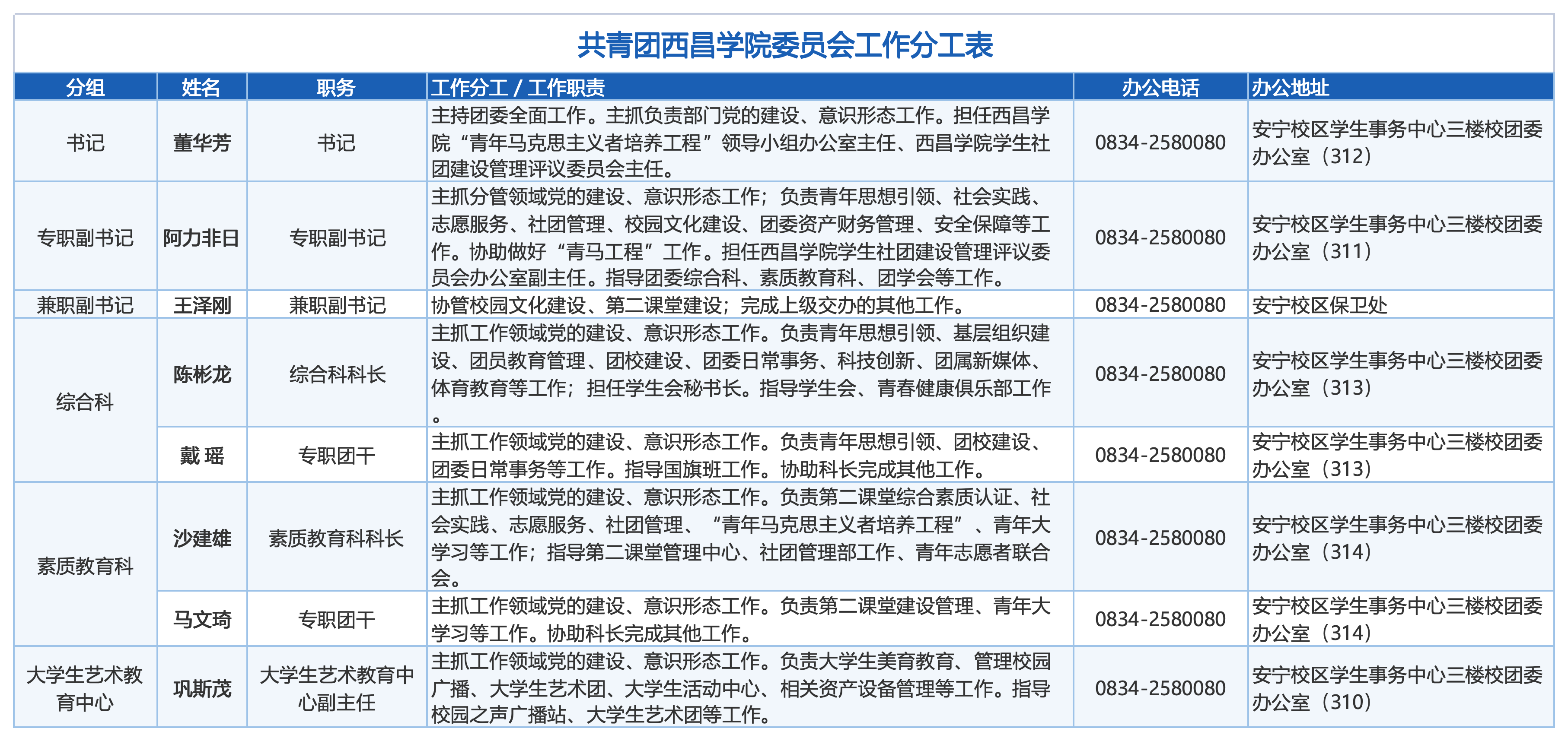 校团委工作分工表_校团委工作分工