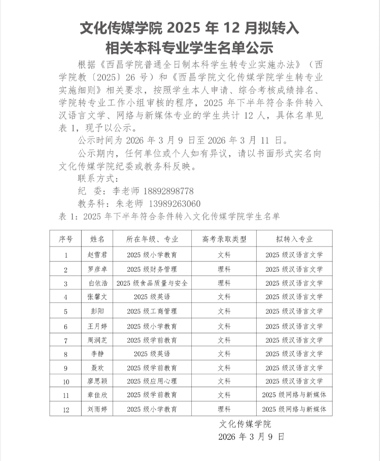 文化传媒学院转专业3